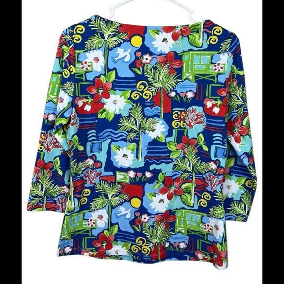 J McLaughlin Top Womens Small Blue Floral Catalina Cloth Tropical Palm Beach - Picture 2 of 4
